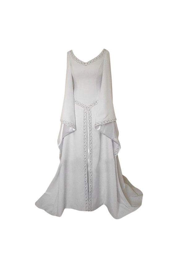 Gothic Maxi Dress for Women Renaissance Medieval Costume Dress Long Sleeve Spring Dresses V-Neck Floor Length Dress White L