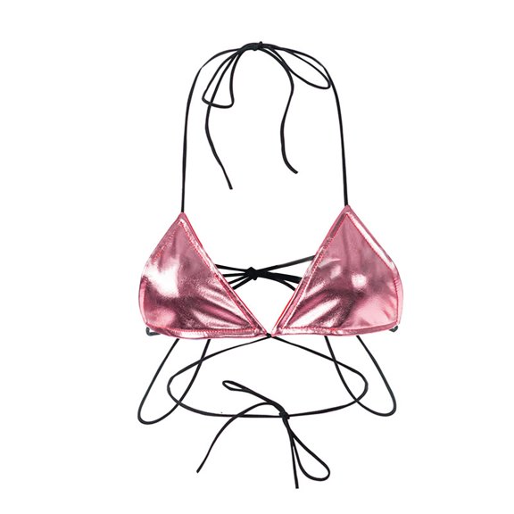 YYDGH Halter Metallic Crop Top Shiny Triangle Bralette Rave Bra Swimsuit Top Pink Free Size