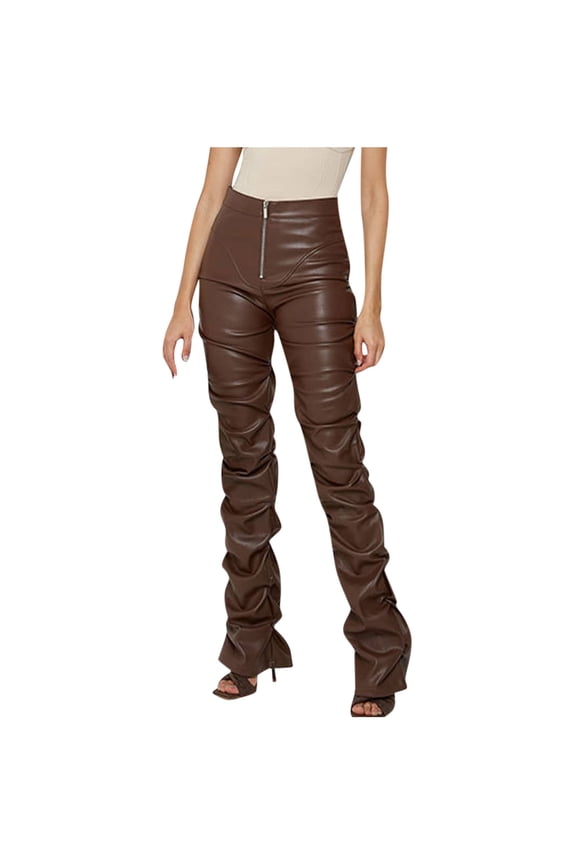 High Waist Stacked Pants for Women Faux Leather Ruffle Ruched Pleated Leggings Y2k Pleated Sexy Trousers Streetwear