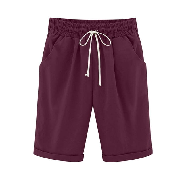 YYDGH High Waisted Cotton Linen Shorts for Women Casual Loose Pockets Elastic Waist Drawstring Comfy Beach Shorts Wine 3XL