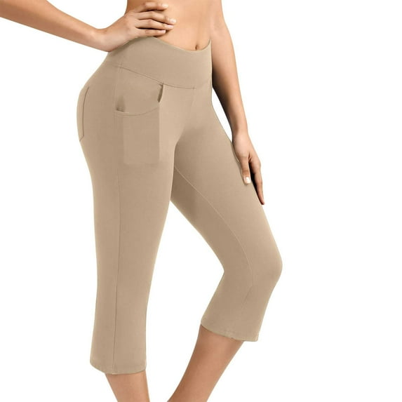 YYDGH High Waisted Yoga Pants for Women with Pockets Capri Leggings for Women Workout Leggings for Women Yoga Capris Khaki L