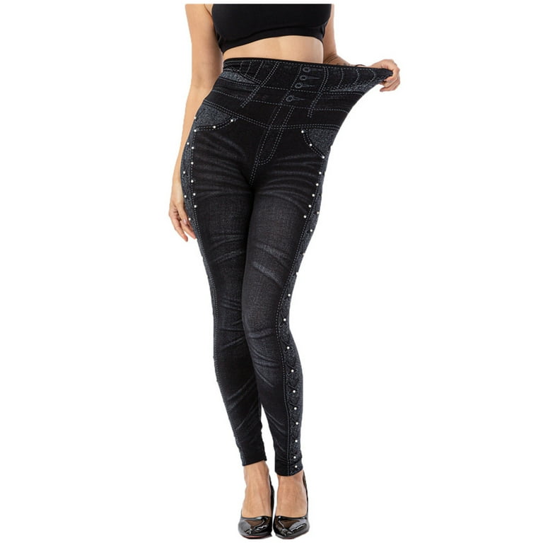 YYDGH Jean Leggings for Women High Waist Tummy Control Nail bead Imitation  Denim Print Seamless Yoga Pants Black XL