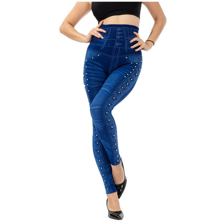 YYDGH Jean Leggings for Women High Waist Tummy Control Nail bead Imitation  Denim Print Seamless Yoga Pants Blue 3XL