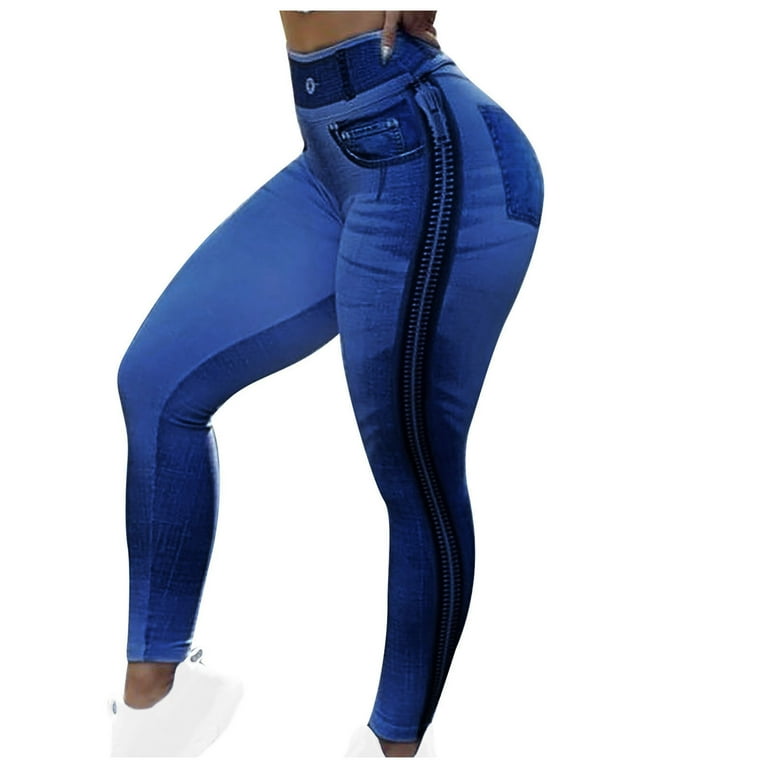 YYDGH Jean Look Leggings for Women High Waist Tummy Control with Back  Pockets Denim Printed Fake Jean Leggings Seamless Dark Blue M 
