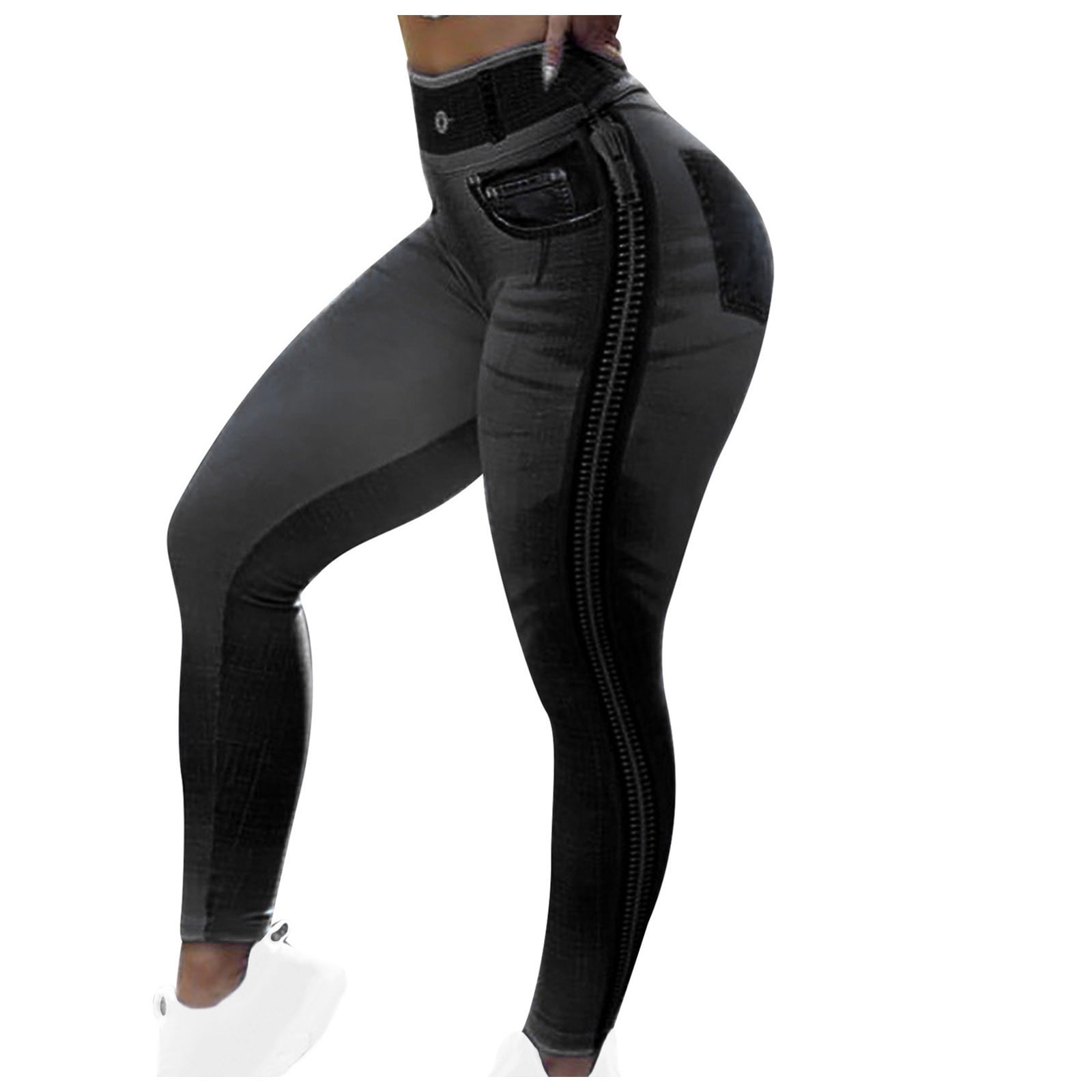 Jean Look Leggings For Women High Waist Tummy Control With Back Pockets,  Denim Printed Fake Jean Leggings, Seamless