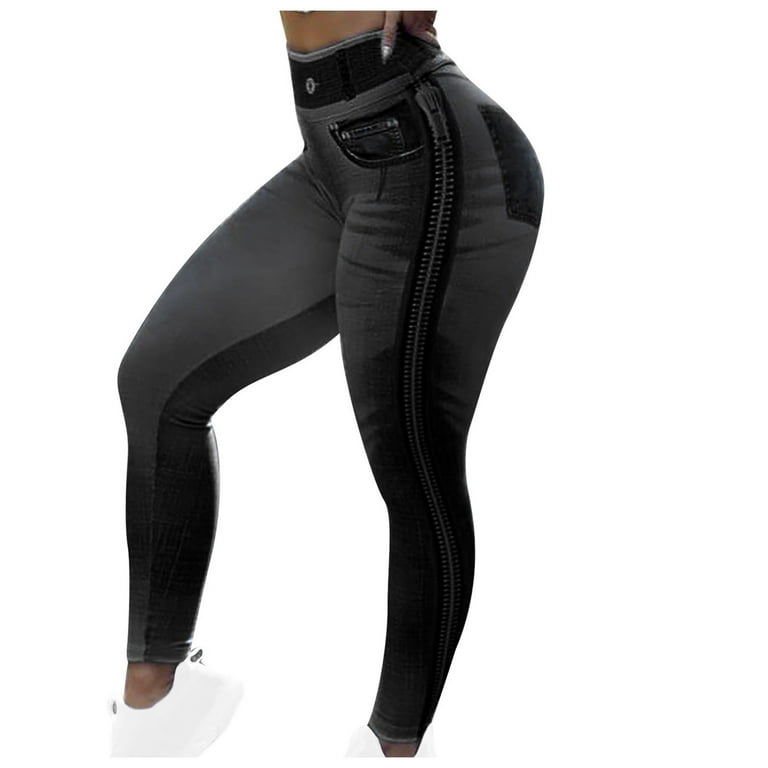 YYDGH Jean Look Leggings for Women High Waist Tummy Control with Back  Pockets Denim Printed Fake Jean Leggings Seamless L