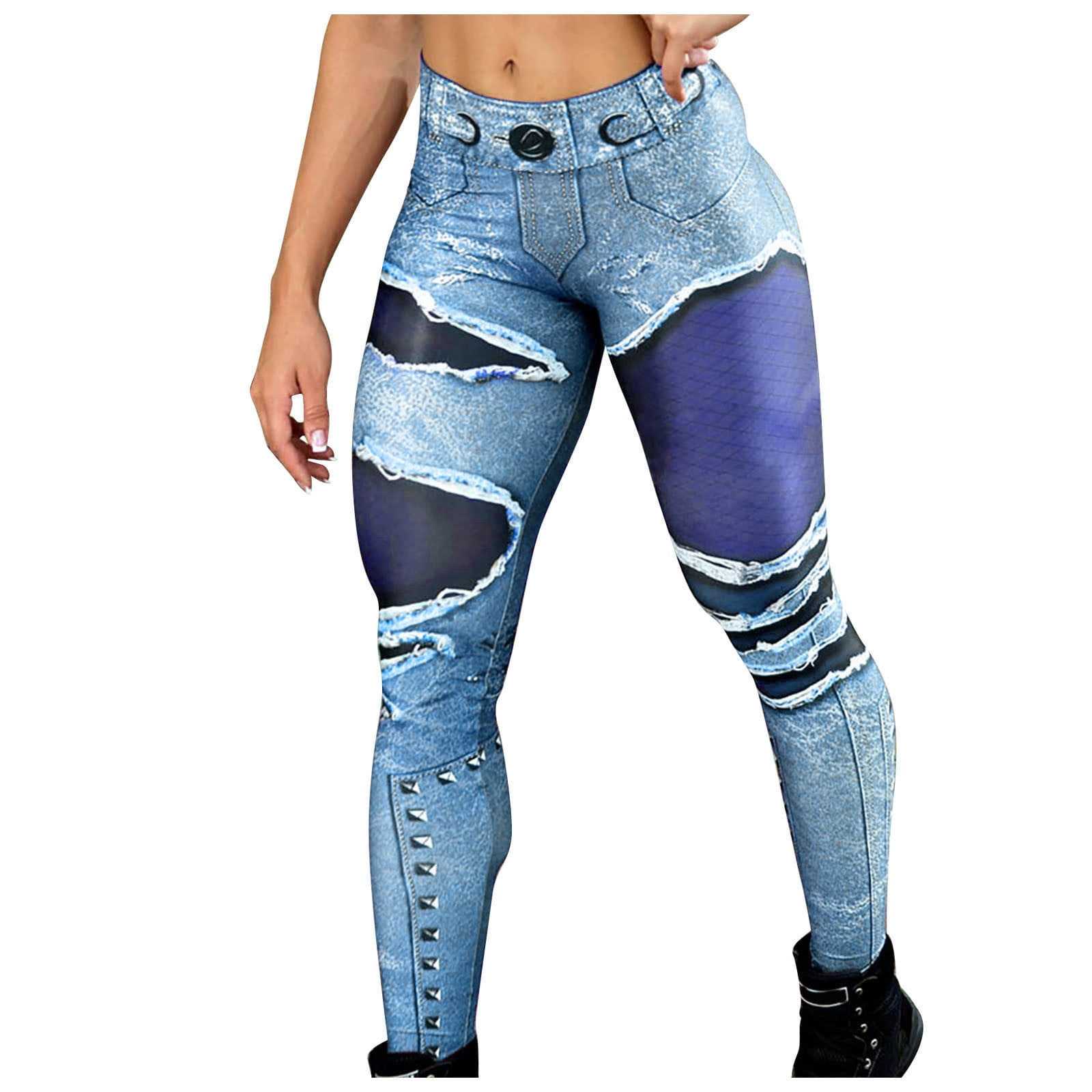 YYDGH Jean Yoga Leggings for Women High Waist with Pockets Denim Printed  Fake Jean Leggings Seamless Blue 3XL