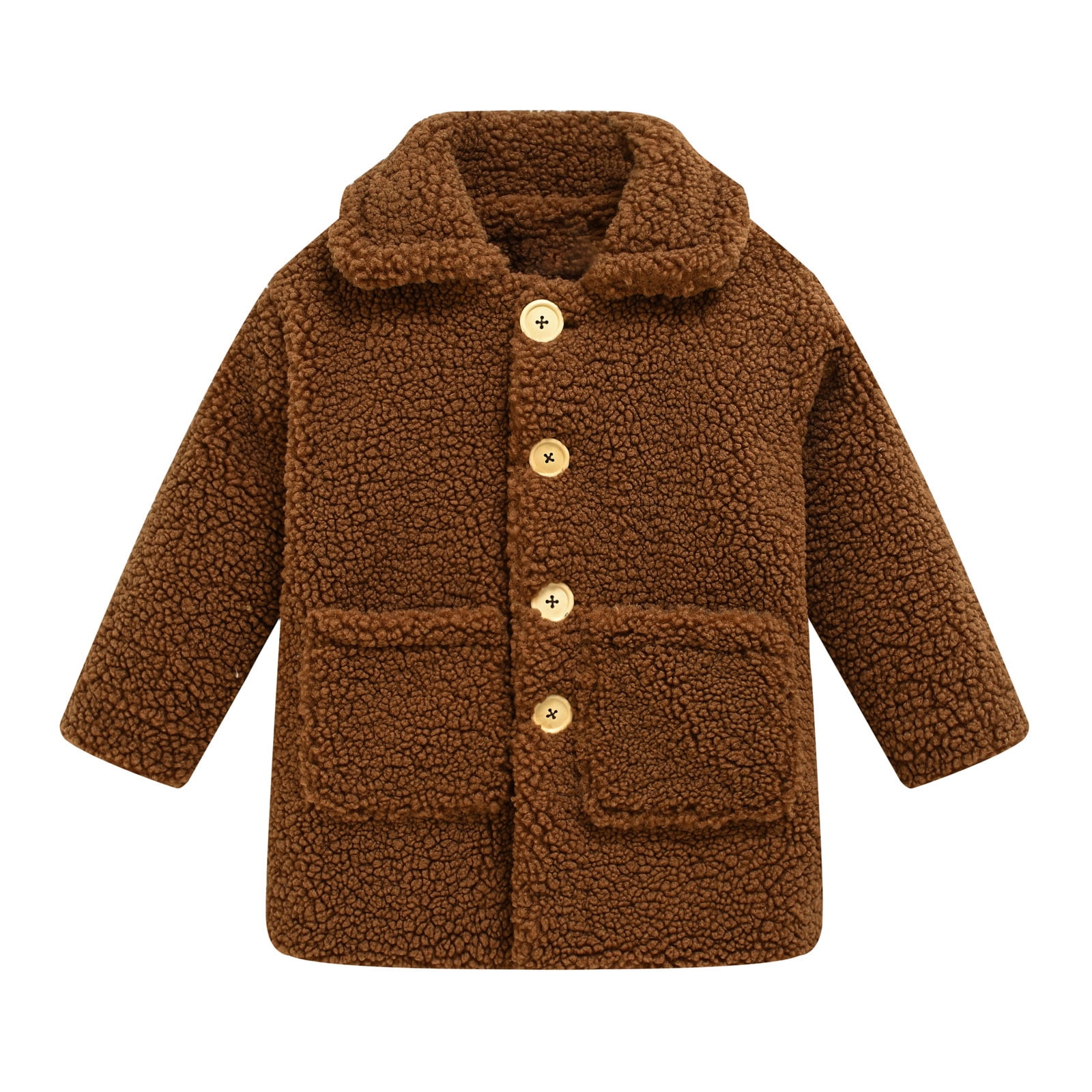 Kid Girl Fuzzy Lapel Collar Button Design Textured Jacket Coat