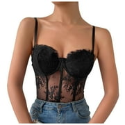 YYDGH Lace Corset Tops for Women V Neck Adjustable Strap Bustier Cross Back Ruffle Crop Tank Tops Party Camisole Black S