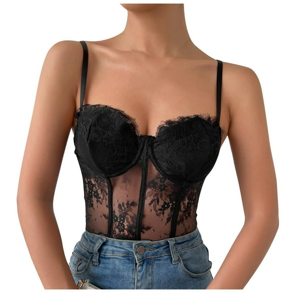 YYDGH Lace Corset Tops for Women V Neck Adjustable Strap Bustier Cross Back Ruffle Crop Tank Tops Party Camisole Black S