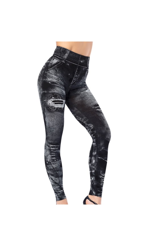 Leggings for Women Distressed Ripped Denim Jeggings High Waist Tummy Control Yoga Pants Stretchy Skinny Jeans Tights Black L