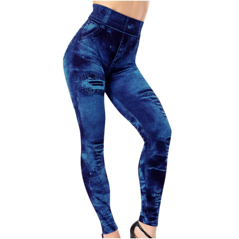 YYDGH Leggings for Women Distressed Ripped Denim Jeggings High Waist Tummy  Control Yoga Pants Stretchy Skinny Jeans Tights Blue M