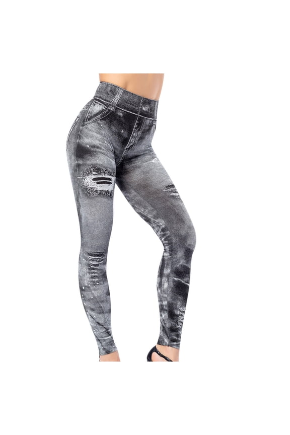 Leggings for Women Distressed Ripped Denim Jeggings High Waist Tummy Control Yoga Pants Stretchy Skinny Jeans Tights Gray XL