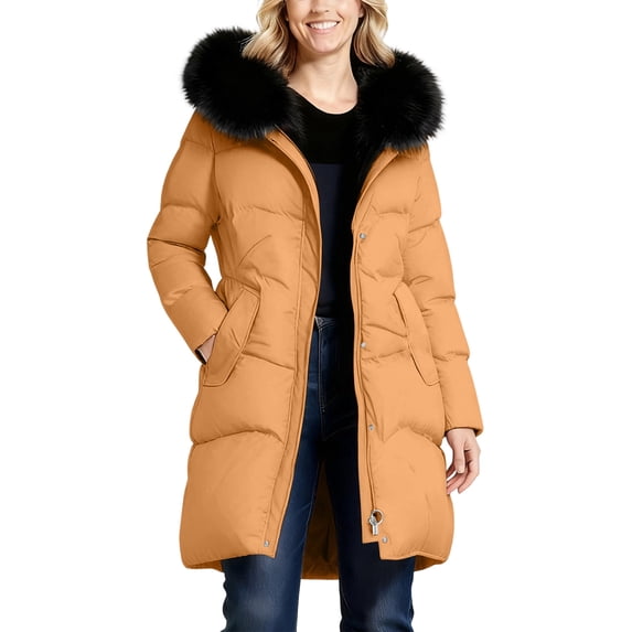 YYDGH Long Puffer Jacket Womens Warm Insulated Zip Up Parka Jackets with Fur Trim Hood Winter Down Coats with Pockets