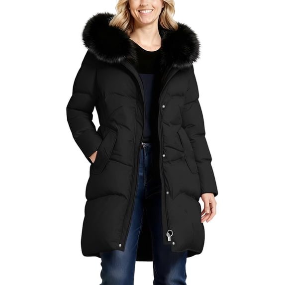 YYDGH Long Puffer Jacket Womens Warm Insulated Zip Up Parka Jackets with Fur Trim Hood Winter Down Coats with Pockets