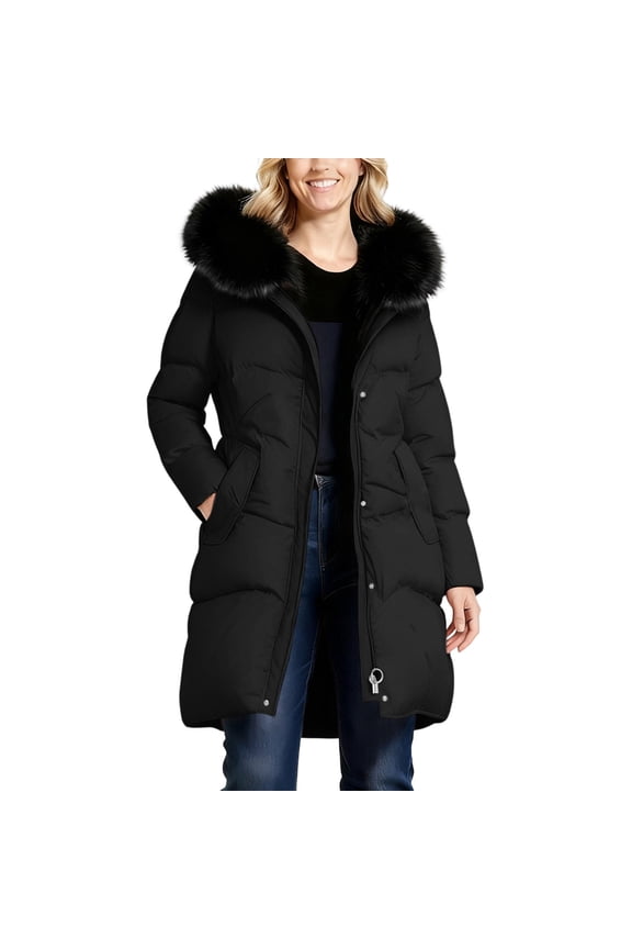 Long Puffer Jacket Womens Warm Insulated Zip Up Parka Jackets with Fur Trim Hood Winter Down Coats with Pockets