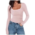 thumbnail image 1 of YYDGH Long Sleeve Shirts for Women Square Neck Ribbed Slim Fitted Basic Tees Scoop Neck Going Out Tops Pink L, 1 of 7