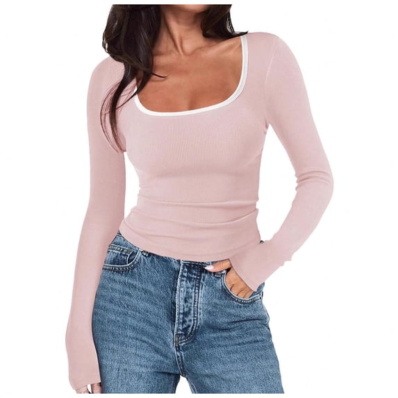 YYDGH Long Sleeve Shirts for Women Square Neck Ribbed Slim Fitted Basic Tees Scoop Neck Going Out Tops Pink L