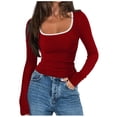 thumbnail image 1 of YYDGH Long Sleeve Shirts for Women Square Neck Ribbed Slim Fitted Basic Tees Scoop Neck Going Out Tops Wine Red M, 1 of 7