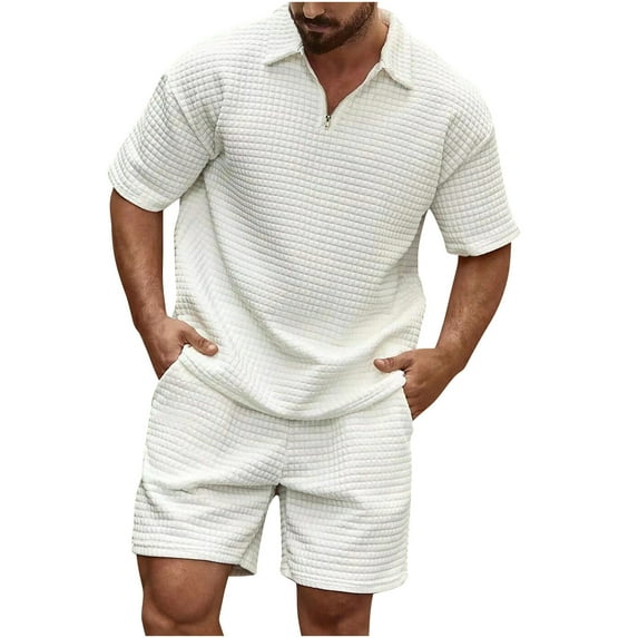 YYDGH Men 1/4 Zip Polo Shirt and Shorts Set Summer 2 Piece Outfits Fashion Short Sleeve Waffle Knit Casual Sports Tracksuit for Men