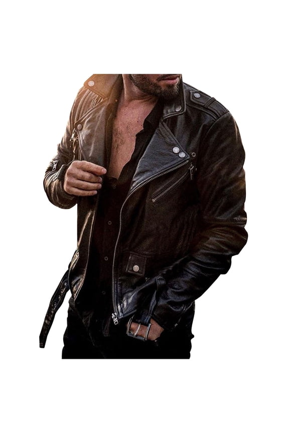 Men Faux Leather Jacket Fall Windproof Coat Long Sleeve Zip Up Outerwear Sports Basic Parka Tops with Pocket Black M