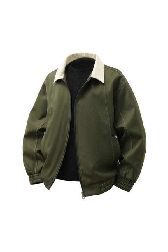 Men Zip Up Jacket Lightweight Lapel Neck Long Sleeve Jackets Casual Solid Color Work Coat with Pockets Green L