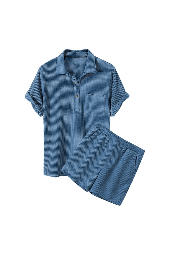 Men's 2 Piece Set Pajamas Set Short Sleeve Polo Shirt Solid Color Top and Elastic Waist Shorts Casual Summer Outfits