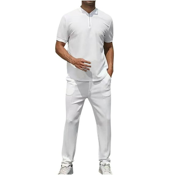 YYDGH Men's 2 Piece Sets Solid Color Casual Short Sleeve Polo T Shirt Straight Leg Pants with Pockets Fahion Summer Outfits