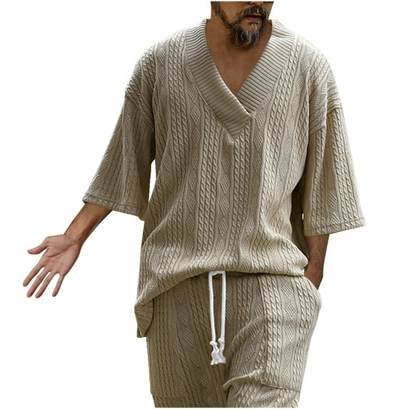 YYDGH Men's 2 Piece Shorts Outfits Casual Tracksuit V Neck Knit Tops and Drawstring Shorts Sets Summer Loungewear Suit