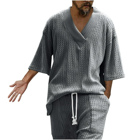 YYDGH Men's 2 Piece Shorts Outfits Casual Tracksuit V Neck Knit Tops and Drawstring Shorts Sets Summer Loungewear Suit