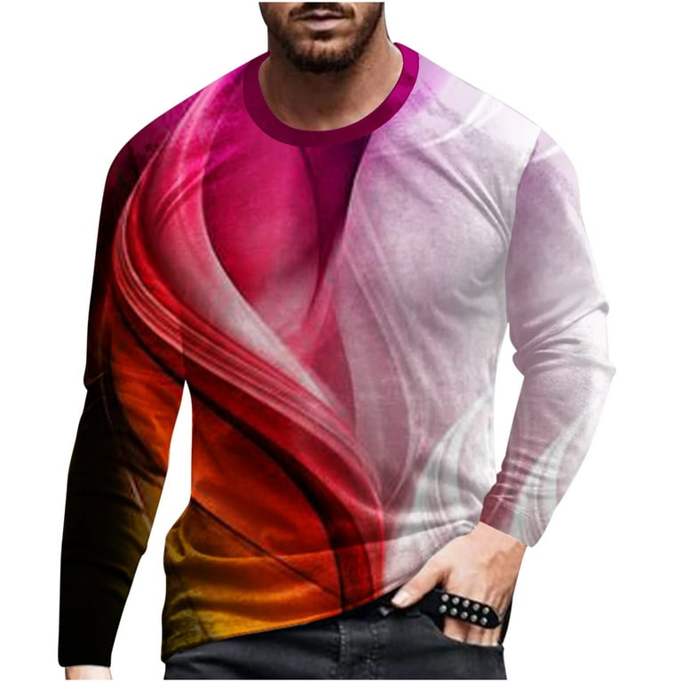 YYDGH Men's 3D Digital Printed Plus Size T-shirts, 2023 Fall Long Sleeve  Crewneck Shirt Slim Fit Casual Tee Tops(1#-Hot Pink,5XL) 