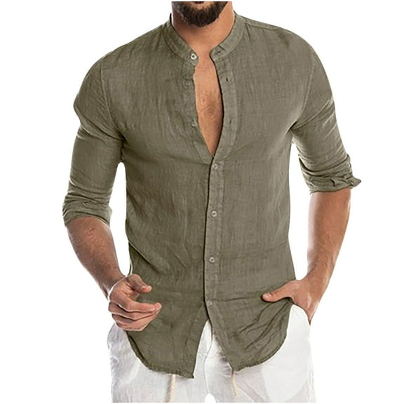 YYDGH Men's Button Down Long Sleeve Shirt Casual Classic Band Neck Untucked Shirt Regular Fit Solid Color Shirts