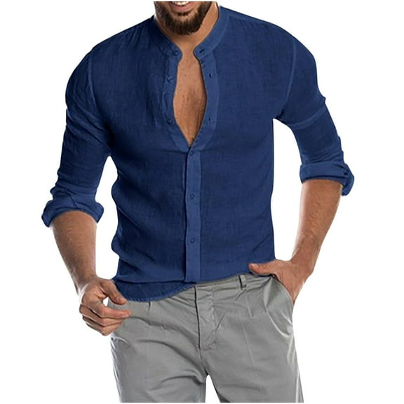 YYDGH Men's Button Down Long Sleeve Shirt Casual Classic Band Neck Untucked Shirt Regular Fit Solid Color Shirts
