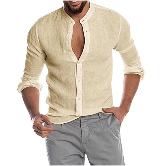 YYDGH Men's Button Down Long Sleeve Shirt Casual Classic Band Neck Untucked Shirt Regular Fit Solid Color Shirts