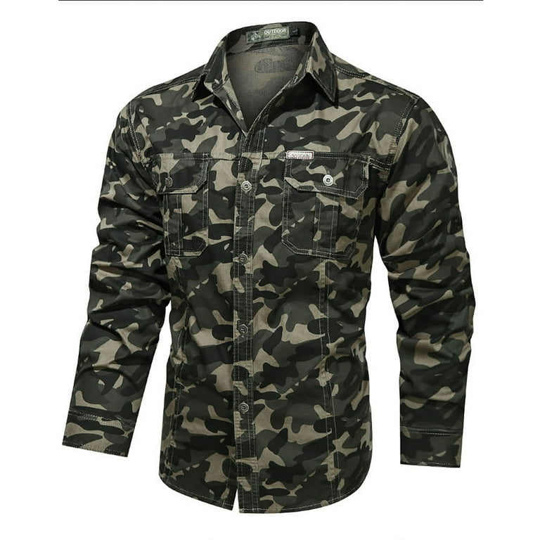 Yydgh Men's Camouflage Denim Shirt Camo Washed Military Long Sleeve Shirts Button Down Hunting Printed Cargo Shirt Tops(Army Green,L), Size: Large