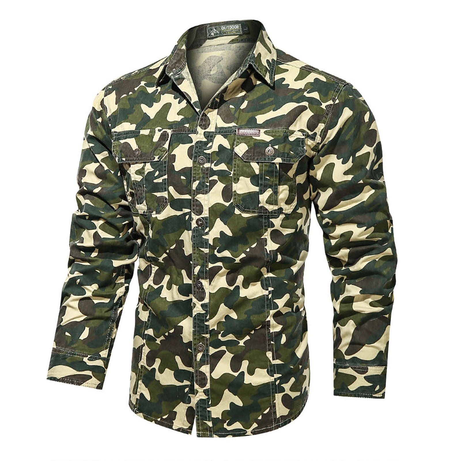 YYDGH Men's Camouflage Denim Shirt Camo Washed Military Long Sleeve Shirts  Button Down Hunting Printed Cargo Shirt Tops(Khaki,M)