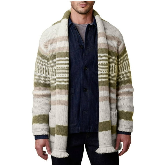 YYDGH Men's Cardigan Sweaters Shawl Collar Long Sleeve Open Front Knitted Sweater Capes Cable Knit Full Winter Coats Cardigans with Pockets Beige XL