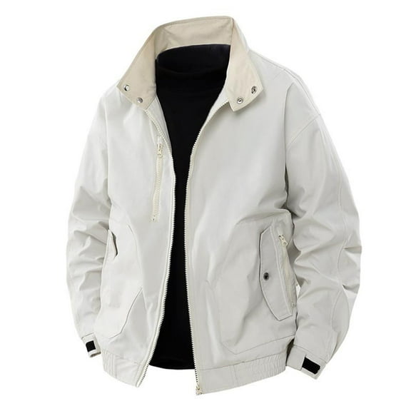YYDGH Men's Cargo Jackets Stand Collar Zip Up Windbreaker Casual Lightweight Long Sleeve Coat Outdoor Outerwear White XL