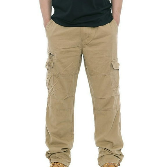 YYDGH Men's Cargo Pants Cotton Wide Leg Work Pants with Multi Pockets Casual Loose Hiking Camping Trousers