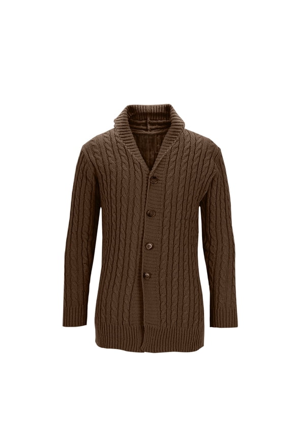 Men's Casual Long Sleeve Sweaters Shawl Collar Buttons Down Cable Knit Cardigan Sweater Thermal Solid Color Top with Pockets Brown XXL