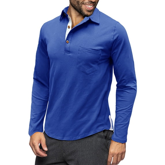 YYDGH Men's Casual Polo Shirts Classic Button Basic Long Sleeve Shirt Solid Color Cotton Tees Stylish Pullover Tops