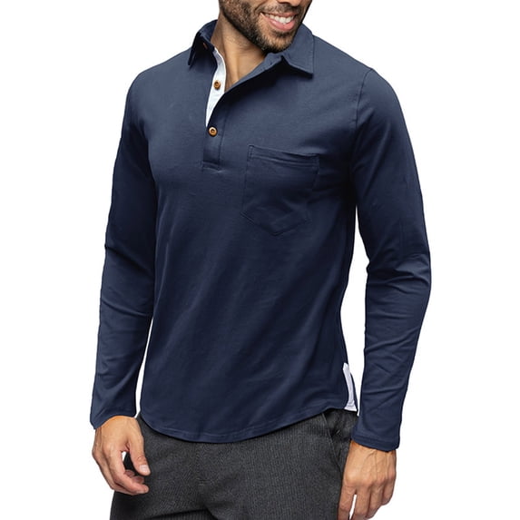 YYDGH Men's Casual Polo Shirts Classic Button Basic Long Sleeve Shirt Solid Color Cotton Tees Stylish Pullover Tops