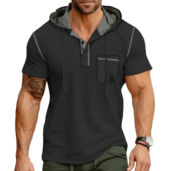 YYDGH Men's Casual Short Sleeve Hoodie Pullover Shirt with Buttons and Drawstring Soft Muscle Fit Athletic Workout Tees Tops