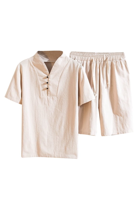 Men's Casual Tops Shorts Suit Summer Outfit Cotton Linen Plus Size Short Sleeved T Shirt Short Pant 2 Piece Set