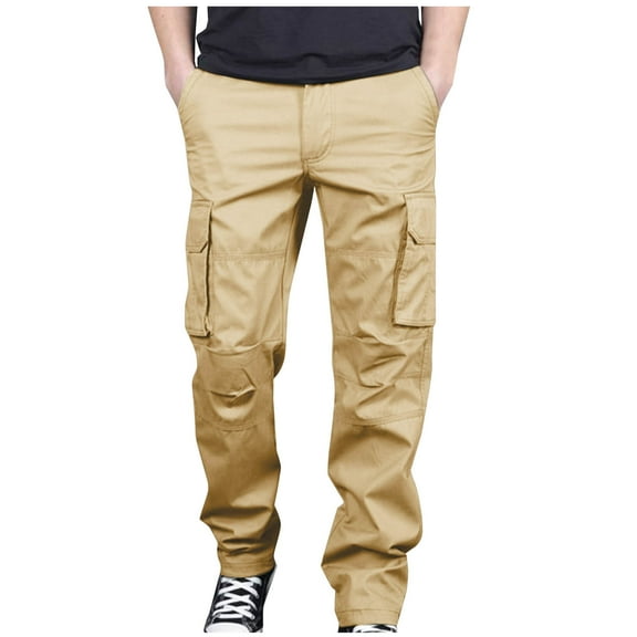 YYDGH Men's Cotton Cargo Pants with Pockets Outdoor Hiking Pants Elastic Waist Lace Up Straight Leg Work Pants