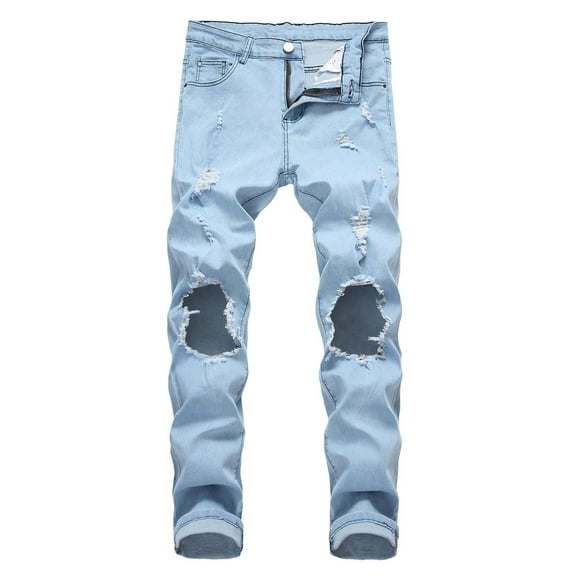 YYDGH Men's Distressed Holes Jeans Slim Fit Mid Waist Destroyed Straight Leg Ripped Classic Stretch Casual Denim Streetwear