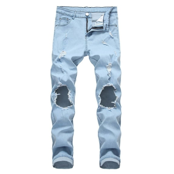 YYDGH Men's Distressed Holes Jeans Slim Fit Mid Waist Destroyed Straight Leg Ripped Classic Stretch Casual Denim Streetwear
