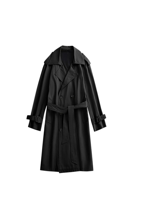 Men's Double Breasted Trench Coat Oversized Casual Windbreaker Lapel Long Jacket Overcoat with Pockets Black XL