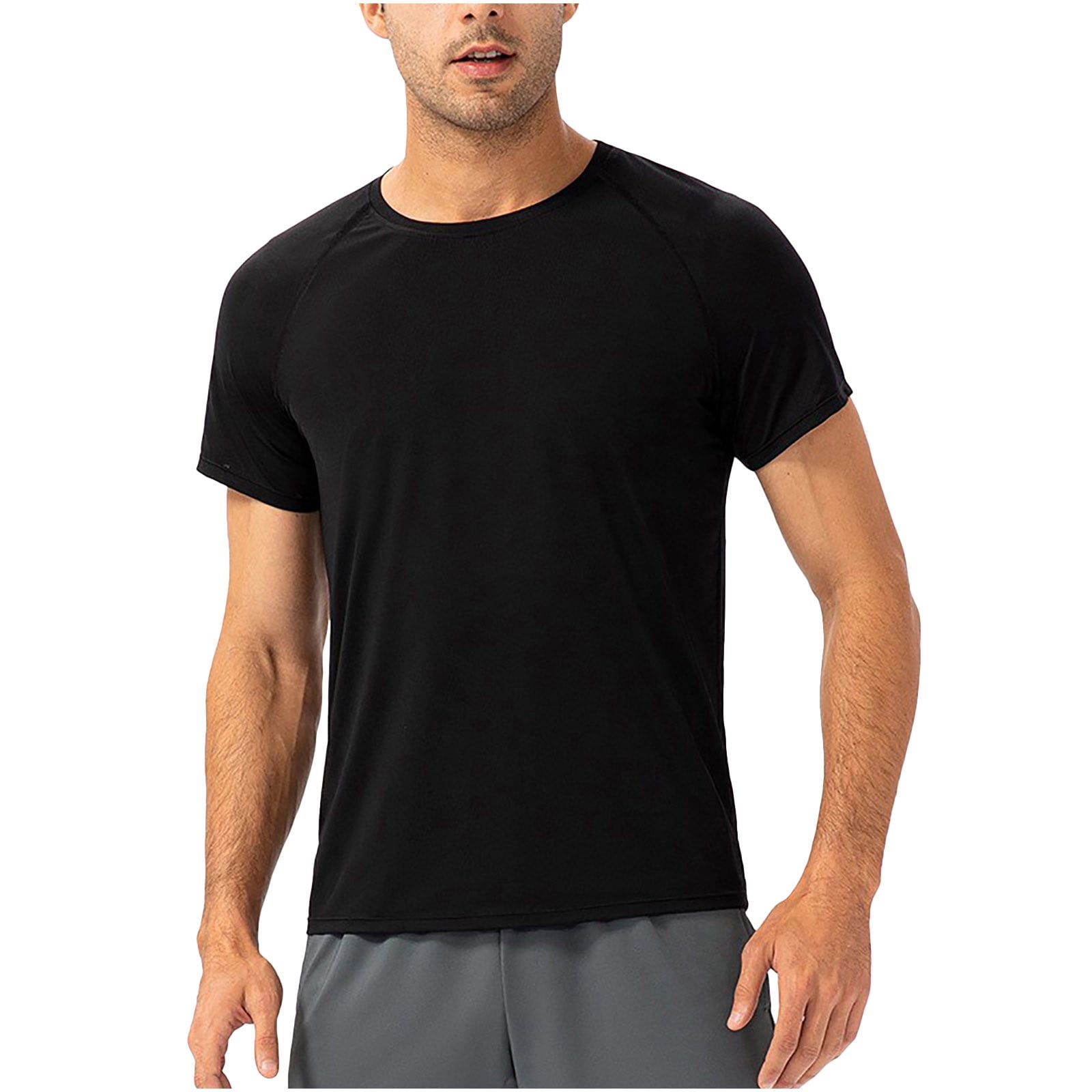 YYDGH Men s Dry Fit T Shirts Athletic Running Gym Workout Short Sleeve Tee Shirts Casual Solid Crewneck Tops Black L