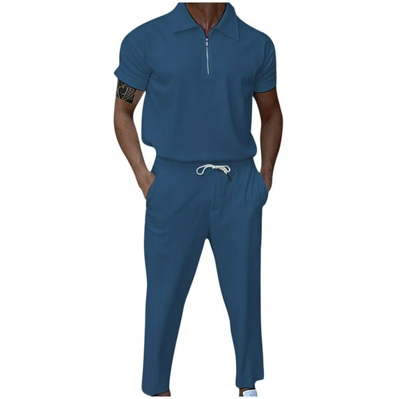 YYDGH Men's Fashion Polo Shirts Set Casual Short Sleeve Waffle Knit Quarter Zip Tshirt and Stright Leg Pants Solid Color Outfits